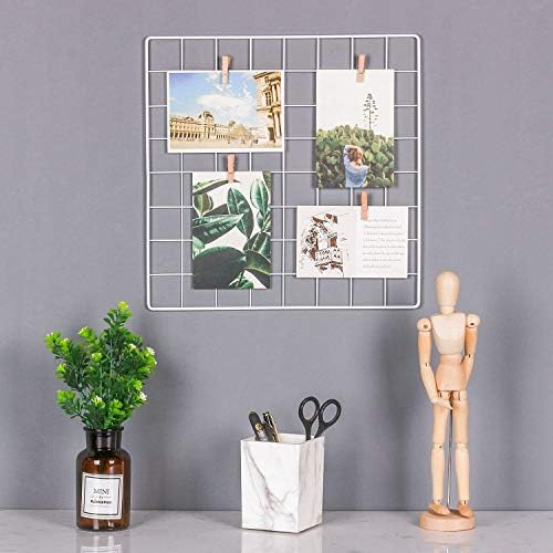Kufox Mini Wire Wall Grid Panel, Photo Hanging Display and Wall Storage Organizer, Set of 1, 2 Nails and 5 Clips Offered, Size 13.8"x13.8", White