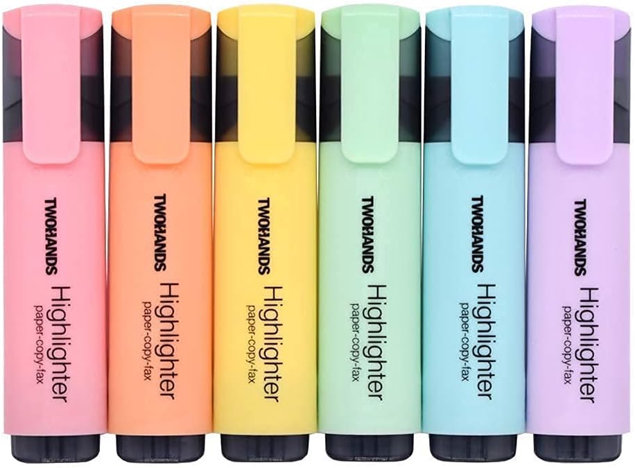 TWOHANDS Highlighter, Chisel Tip Marker Pen, 6 Assorted Pastel Colors, for Adults & Kids, with Large Ink Reservoir for Extra Long Marking Performance 20079 : Office Products
