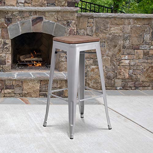 Flash Furniture Lily 30" High Backless Silver Metal Barstool with Square Wood S…