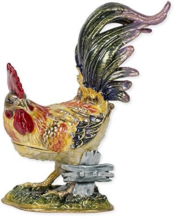 Rooster Enameled Jeweled Box with In-laid Austrian Crystals and Hidden Treasure