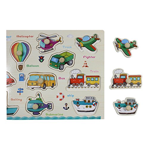 SIPLIV Wooden Pegged Puzzles Jigsaw Puzzle for 2 to 5 Years Old Kids, Home Learning Preschool Early Education Development Toys and Games, Transportation - Thumbnail 2