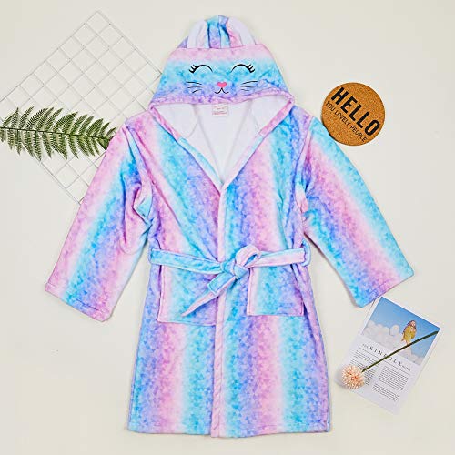 Beinou Kids Robe Fleece Bathrobes Flannel Hood Animal Bathrobe Cute Sleepwear Soft Shower Robes Swim Pool Night Robes for Children Girls(Pink & Blue Cat)