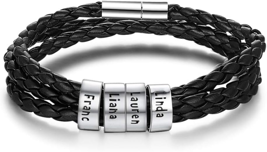 IPCROMY Personalized Mens Black Braid Leather Bracelets with 2-5 Names Engraved in Custom Beads Custom ID Bracelet for Men