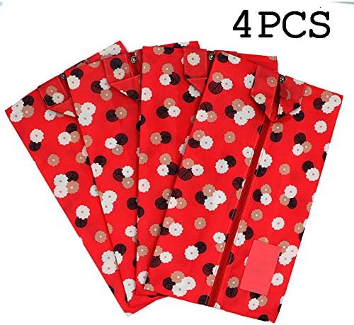 4pcs Waterproof Portable Travel Organizer Toiletry Shoe Bags Pouch with Zipper Closure (Red Flower)