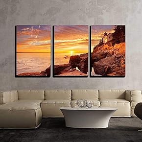 3 Piece Canvas Wall Art - The Bass Harbor Head Lighthouse in Acadia National Park, Maine, USA - Modern Home Art Stretched and Framed Ready to Hang - 16"x24"x3 Panels