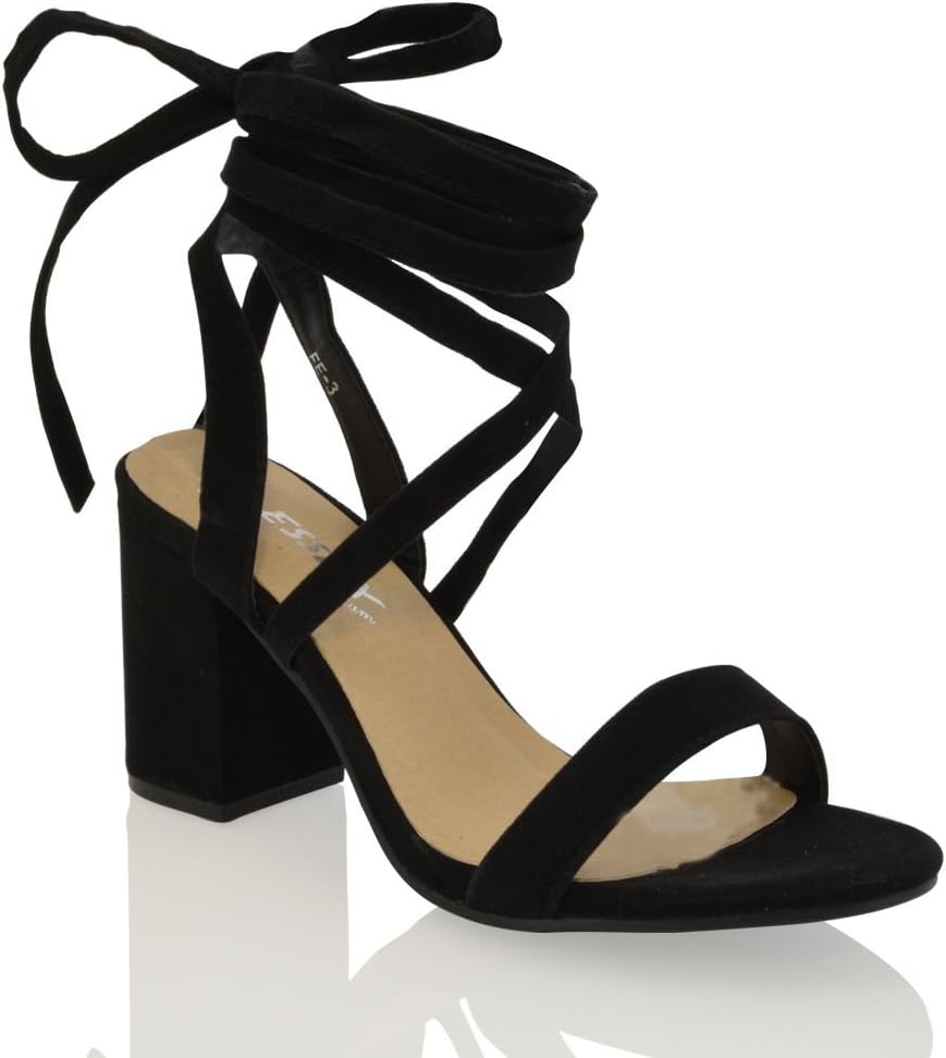 ESSEX GLAM Womens Chunky Block Low Mid Heel Lace Up Strappy Sandal Faux Suede Shoes