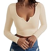 Artfish Women's Long Sleeve Scoop Neck V Notch Ribbed Slim Fitted Casual Basic Crop Top