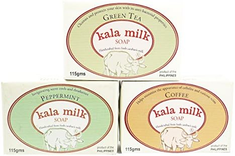 Handmade Carabao Milk Soap Pure Kala Milk Soap 4 oz./115 gms x 3 bars (3-Pack Bundle Coffee, Greentea, Peppermint)