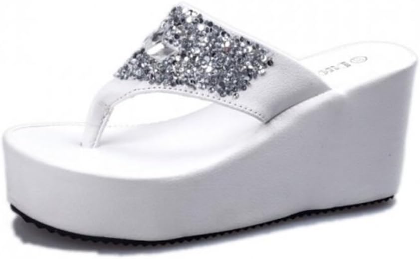 SHANGXIAN Women's High Heel Flip Flops Wedges Slipper Indoor Outdoor Comfortable Rhinestone Thick Bottom Sandals,White,US8/EU39/UK6/CN39
