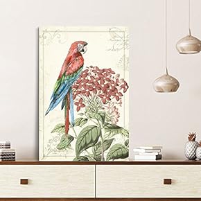 Canvas Wall Art - Vintage Style Colorful Parrot on Floral Background - Giclee Print Gallery Wrap Modern Home Art Ready to Hang - 12x18 inches