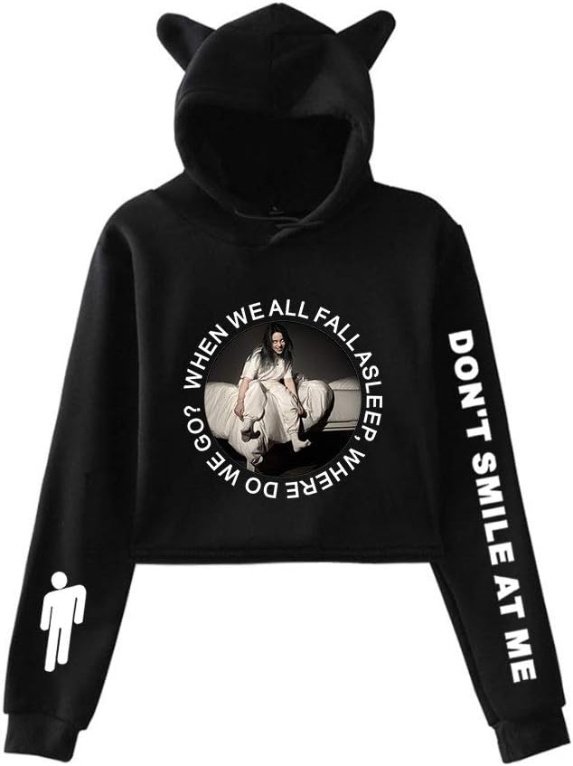 Billie Eilish When We All Fall Asleep Where Do We Go cat Ear Hoodie for Fans Black XS-XL