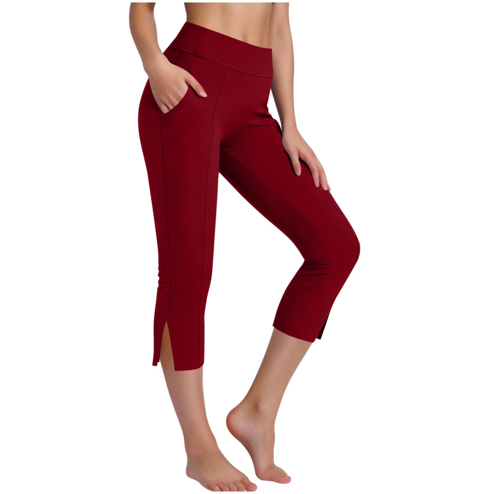 Ladies Cropped Trousers Yoga Pants for Women UK Petite Comfy Summer Three Quarter Length Trousers Stretchy Waist Straight Leg Lounge Yoga Beach Capris Pants with Pockets Cropped Trousers for Workout