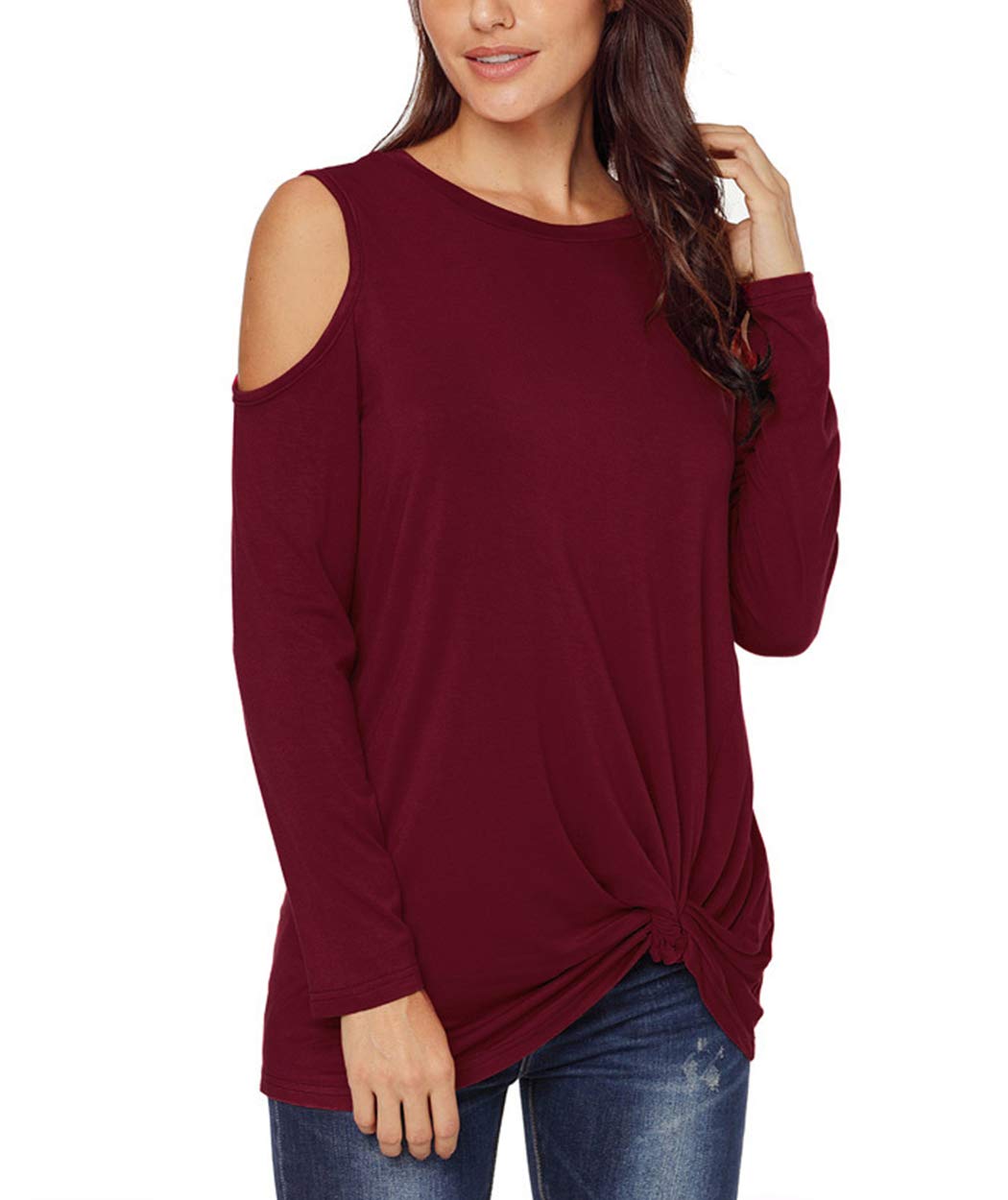 Eanklosco Women\'s Long Sleeve Cold Shoulder Cut Out T Shirts Casual Knot Tunic Tops (Wine Red, S)