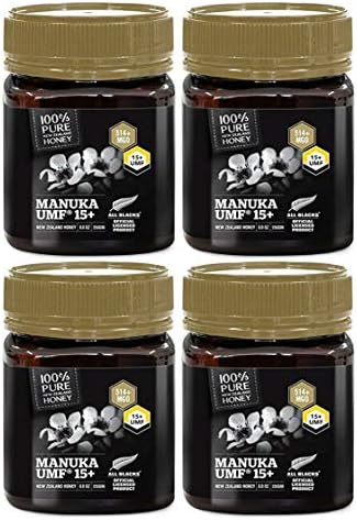 Pure New Zealand Certified UMF 15+ Manuka Honey (8.8 oz)- All Blacks Official Licensed Honey (4 Pack)