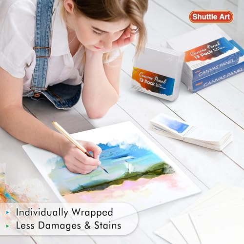 Shuttle Art Painting Canvas Panel, 52 Multi Pack, 5x5, 6x6, 8x8, 10x10 inch (13 PCS of Each), 100% Cotton Art Canvas Board Primed White, Blank Canvas for Kids Adults for Acrylic Oil Painting