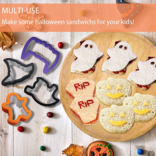 Tifeson 12 Pack Halloween Cookie Cutters Set, 11 PCS Stainless Steel Sandwich Cutter Molds with Comfort Grip, 1PC Rolling Pin for Halloween Party (Include Pumpkin, Witch Hat, Bat, Ghost Mold)