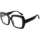 firstsense Square Oversized Reading Glasses Blue Light Blocking for Women Men, Stylish Readers with Spring Hinge,Glossy Onyx, 1.0