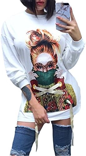 FOXRED Women's Round Neck Long Sleeve Cartoon Printed Loose Shirt Dress (X-Large, White-7)