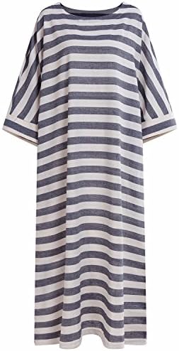 Bohistyle Women Plus Size Striped Batwing Linen Cotton Loose Kaftan Casual Dress (Navy) L
