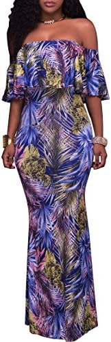 Dynen Women's Floral Print Off Shoulder Ruffle Party Long Maxi Dress