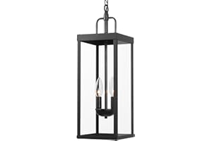 Diyel Large Outdoor Pendant Lantern Light Fixture for Front Porch, 20 Inch 2-Light Black Exterior Hanging Chandelier with Clear Glass, Outdoor Indoor Pendant Lamp for Patio, Gazebo, Entryway, Doorway