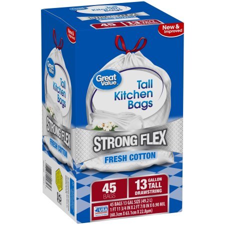 Great Value Strong Flex Tall Kitchen Drawstring Trash Bags, Fresh Cotton, 13 Gallon, 45 Count Great Value Strong Flex Tall Kitchen Drawstring Trash Bags, Fresh Cotton, 13 Gallon, 45 Count