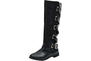 Masbird Boots for Women,Womens Retro Casual Leather Flats Round Toe Low-Heeled Buckle Strap Western Knee High Winter Boots