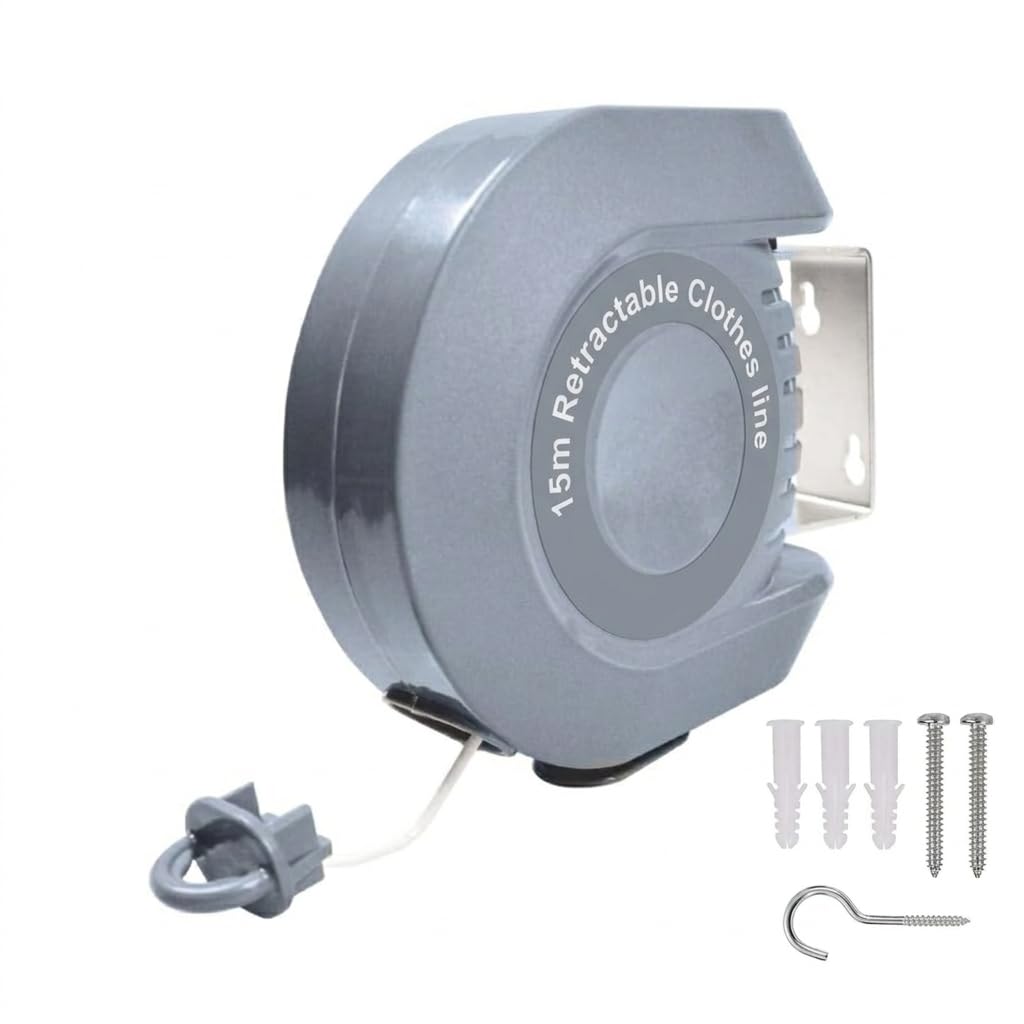 Retractable Washing Line 15m - Heavy Duty Wall Mounted Clothes Line for Indoor & Outdoor Use - Automatic Extendable Laundry Drying Reel, Single Line, 15kg Capacity, Weatherproof - Grey