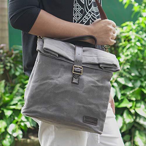 Insulated Waxed Canvas Lunch Bag, Adjustable Shoulder Strap and Handle, Water Resistant (Grey
