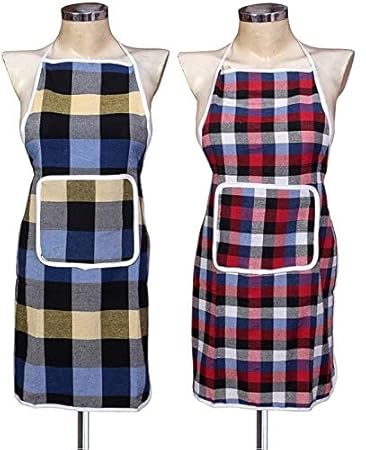 GLUN Waterproof Cotton Kitchen Apron with Front Pocket (Multicolour) Set of 2