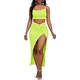 Women's Sexy 2 Piece Skirt Sets Spaghetti Strap Top Ruched Slit Skirt Bodycon Long Dress