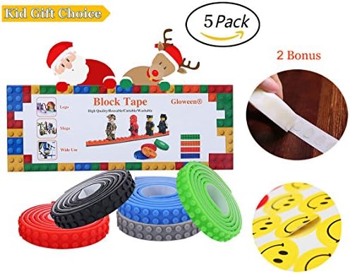 Upgrade Block Tape,Gloween Building Brick Tape with Newest Self Adhesive,Compatible with Major Brands Building Blocks,Christmas Gift,Birthday Present,5 Colors - 3.3 Feet of Each,Bonus a Smile Sticker