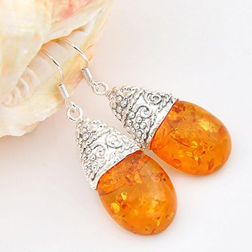 Nattypat Best Woman Jewelry Gift Handmade Teardrop Amber Gemstone Sliver Dangle Earrings