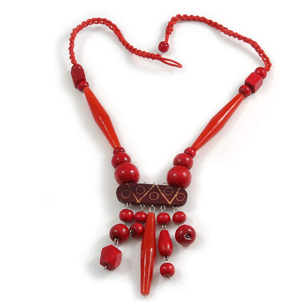 Avalaya Tribal Wood/Ceramic Bead Cotton Cord Necklace in Cherry Red/Brown - 60cm Long/ 10cm Long Front Drop