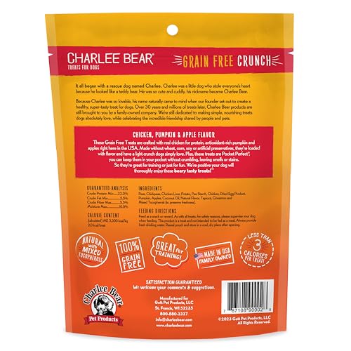 CHARLEE BEAR CRUNCH GRAIN FREE DOG TREATS, CHICKEN, PUMPKIN AND APPLE, 8 OUNCE RESEALABLE BAG, LOW CALORIE TRAINING TREATS FOR DOGS, LIMITED INGREDIENT, HEALTHY, CRUNCHY DOG SNACKS, MADE IN USA