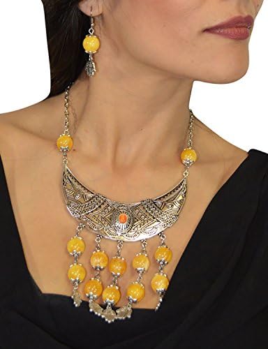 Moroccan Jewelry Berber Coin Necklace Set with Matching Earrings Ethnic Tribal Metalwork with Beads