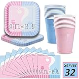 Gender Reveal Plates, Cups, Napkins - Serves 32-9" Square Paper Plates, Luncheon Napkins, 18 oz Plastic Cups (16 Pink, 16 Blue) - Baby Shower Party Supplies Value Pack