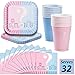 Gender Reveal Plates, Cups, Napkins - Serves 32-9" Square Paper Plates, Luncheon Napkins, 18 oz Plastic Cups (16 Pink, 16 Blue) - Baby Shower Party Supplies Value Pack primary
