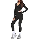 VUTRU Long Sleeve Jumpsuit for Women One Piece Fleece Romper Henley Collar Workout Bodycon Full Body Yoga Jumpsuits