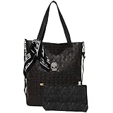 zuoge Women Skull Tote Bag Revit Studded Handbag Pu Leather Purse and Wallet Scarf 3Pcs Set