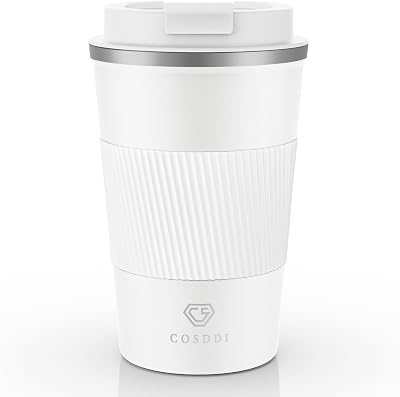 CS COSDDI Travel Mug Insulated Stainless Steel 380 ml White-A Leakproof Lid