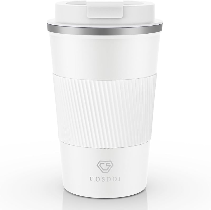 CS COSDDI Travel Mug Insulated Stainless Steel 380 ml White-A Leakproof Lid