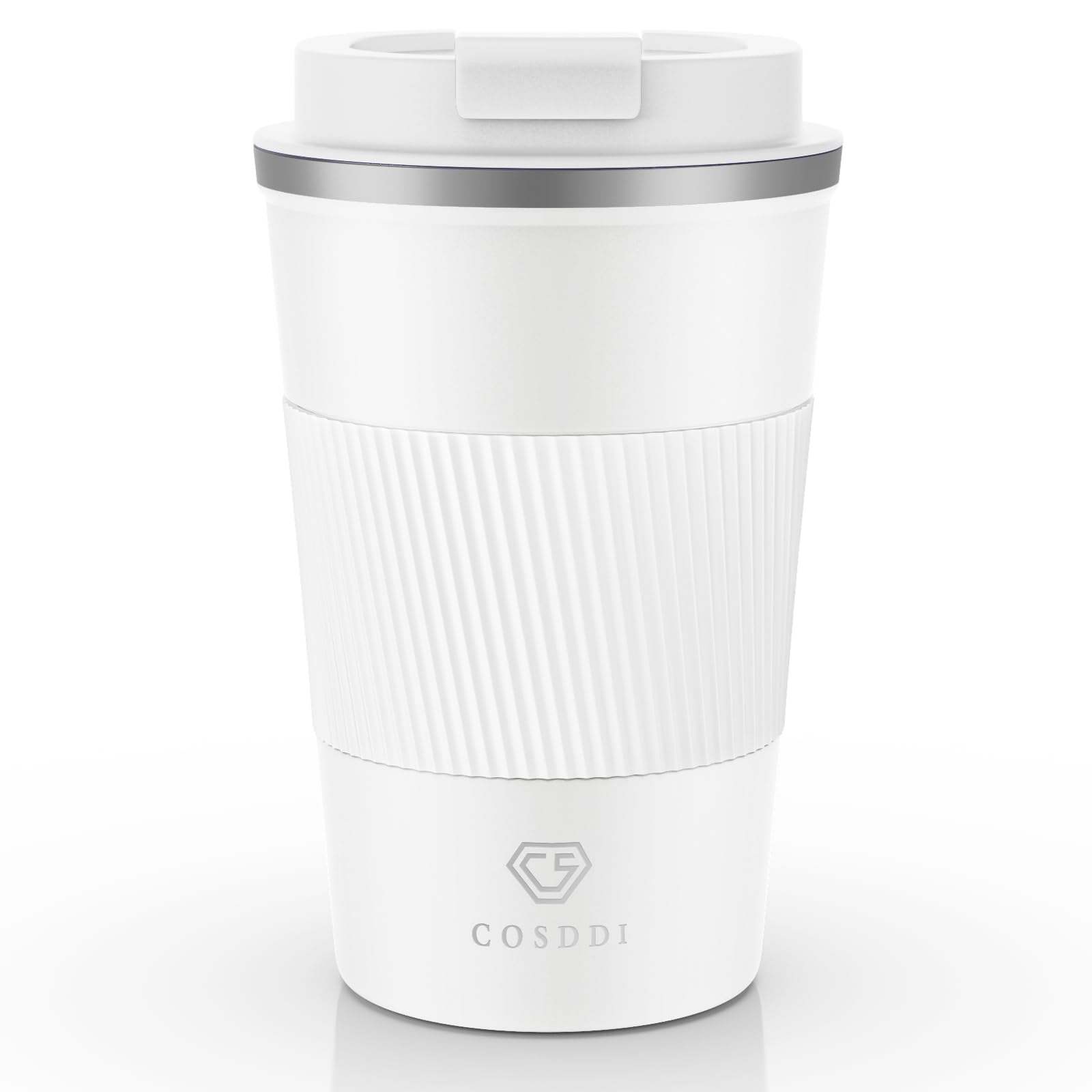 CS COSDDI Travel Mugs, Insulated Coffee Cup with Leakproof Lid - Reusable Coffee Cups Travel - Car Coffee Cup - Stainless Steel Coffee Mug for Hot and Cold Water and Tea(White-A, 380 ml)