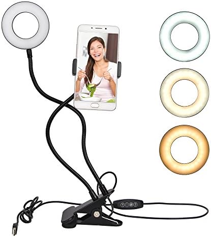 2 in 1 Cell Phone Holder with Selfie Ring Light for Live Stream, Dimmable 3 Light Mode [10-Level Brightness] with Flexible Arms Phone Clip Holder Lazy Bracket Desk Lamp
