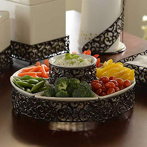 Elegant Serving Platter,7-Piece Section Serving Dish Ceramic and Pressed Metal, Ideal for Appetizers, Salad, Party Bowl, Relish Dish, Chip and Dip Set