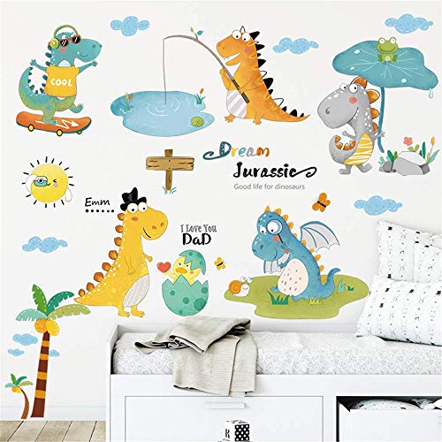 Dinosaurs Fishing Skateboarding Play Wall Decals Removable Wall Stickers Mural for Kids Bedroom Playroom Boys Girls Baby Nursery Rooms Art Wall Decor