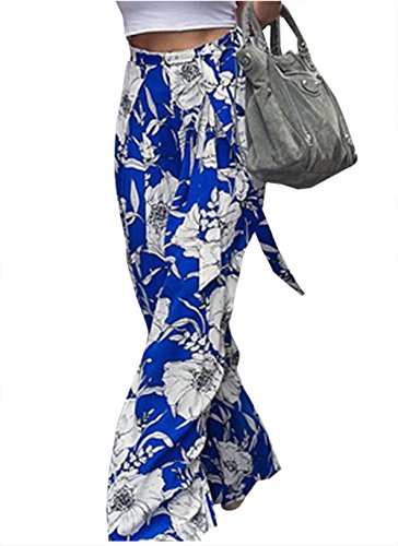 Women Printed Loose Stretch High Waist Palazzo Wide Leg Long Pants (US 10-12 (XL), Blue)
