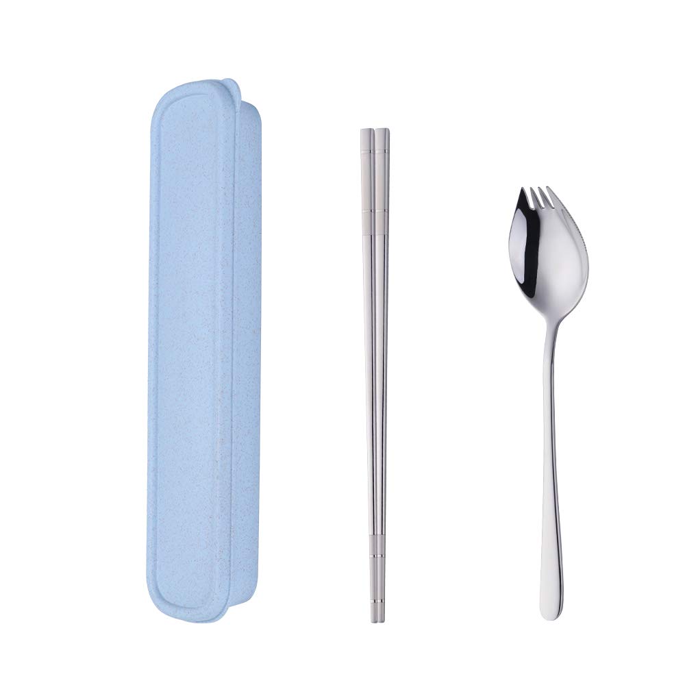 SBOMHS Portable Cutlery Set with Case Chopsticks 3 in 1 Spork (Spoon Fork Knife) Set Gift Box 18/10 Stainless Steel(Sliver)