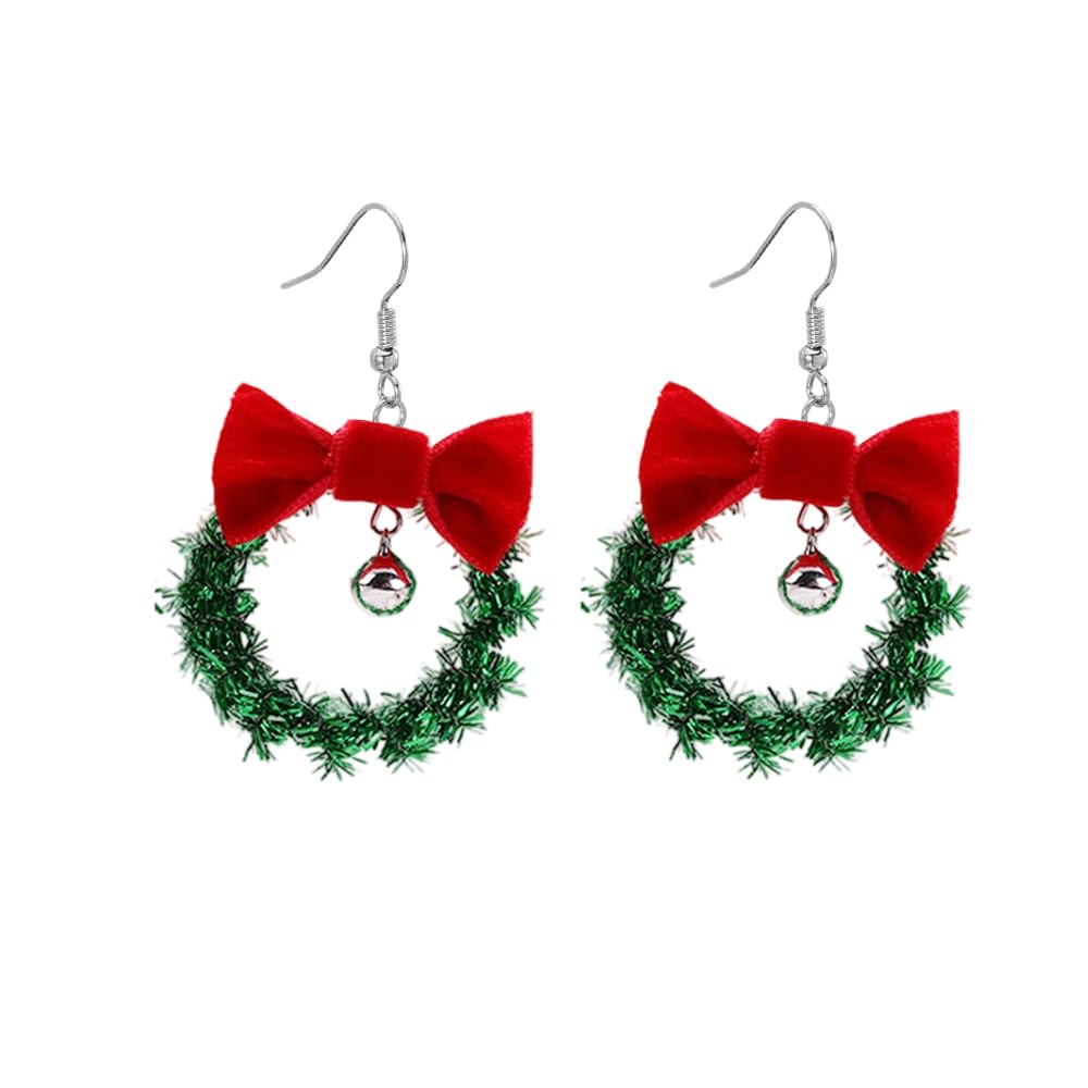 Green Ornament Wreath Hoop Jingle Bell Big Earrings Lightweight Christmas Red Bowknot Hook Dangle Drop Earrings for Women Girls Festival New Year Christmas Party Gifts for Best Friend Hypoallergenic