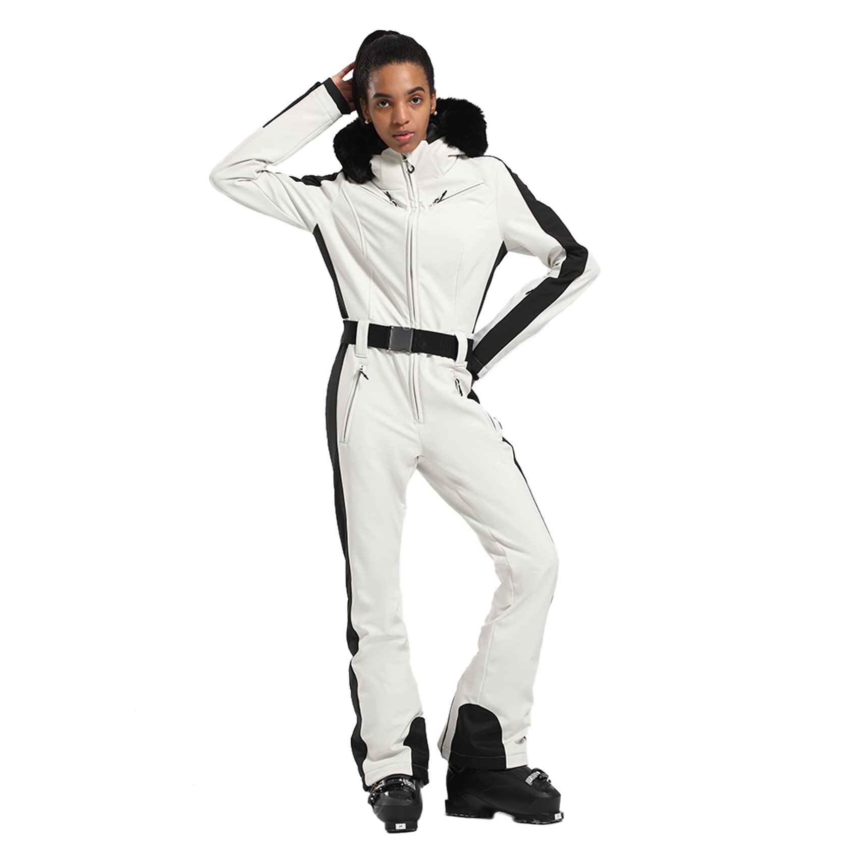 Photo 1 of GSOU SNOW Ski Suit Women One Piece Snowsuit Snowboard Slim Insulated Jumpsuit Waterproof Windproof for Outdoor Sports,Beige S